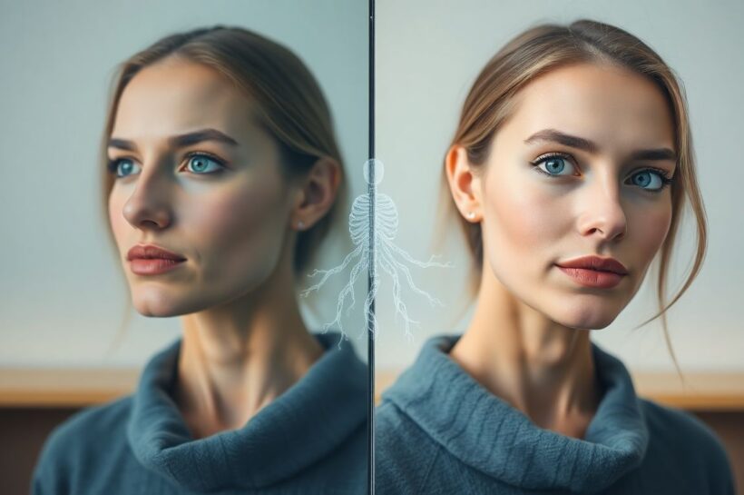 Woman comparing aging vs. glowing skin with microbiome overlay.