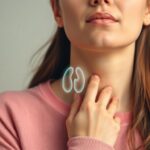 Woman touching her neck with a subtle glowing thyroid illustration, symbolizing overactive thyroid symptoms such as heat sensitivity and anxiety.