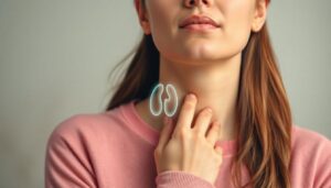 Woman touching her neck with a subtle glowing thyroid illustration, symbolizing overactive thyroid symptoms such as heat sensitivity and anxiety.