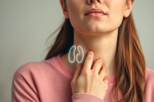 Woman touching her neck with a subtle glowing thyroid illustration, symbolizing overactive thyroid symptoms such as heat sensitivity and anxiety.