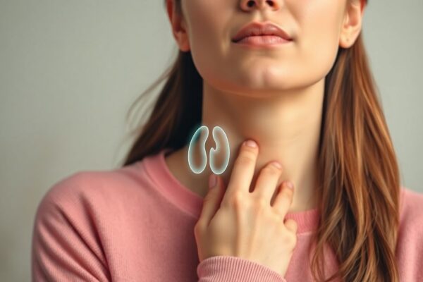 Signs of an Overactive Thyroid (Hyperthyroidism) in Women: What You Need to Know Woman touching her neck with a subtle glowing thyroid illustration, symbolizing overactive thyroid symptoms such as heat sensitivity and anxiety.