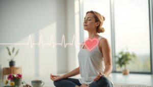Calm person meditating with a soft heart rate line in the background, symbolizing stress relief and natural ways to lower blood pressure.
