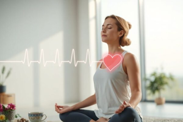 Calm person meditating with a soft heart rate line in the background, symbolizing stress relief and natural ways to lower blood pressure.