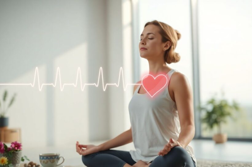 Calm person meditating with a soft heart rate line in the background, symbolizing stress relief and natural ways to lower blood pressure.