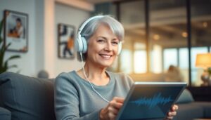 Woman enjoying The Brain Song soundwave therapy for improved memory and focus at home