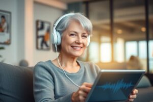 Woman enjoying The Brain Song soundwave therapy for improved memory and focus at home