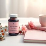 Thyrafemme supplement bottle surrounded by feminine wellness items and natural elements representing energy, hormone balance, and thyroid support.