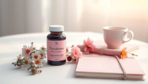 Thyrafemme supplement bottle surrounded by feminine wellness items and natural elements representing energy, hormone balance, and thyroid support.