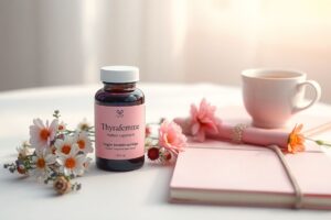 Thyrafemme supplement bottle surrounded by feminine wellness items and natural elements representing energy, hormone balance, and thyroid support.