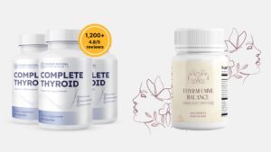 Thyrafemme and Complete Thyroid supplement bottles side by side on a clean background, representing a product comparison for women’s thyroid health.