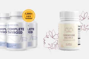 Thyrafemme and Complete Thyroid supplement bottles side by side on a clean background, representing a product comparison for women’s thyroid health.