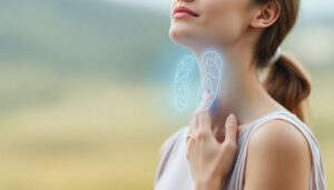 Woman with a glowing thyroid illustration and soft energy waves linking to the brain, representing the connection between thyroid balance and mood.