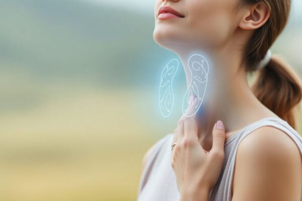 💫 The Link Between Thyroid and Mood Swings or Anxiety (The Hidden Hormone-Mood Connection) Woman with a glowing thyroid illustration and soft energy waves linking to the brain, representing the connection between thyroid balance and mood.