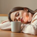 Tired woman resting her head beside a mug with a glowing thyroid illustration overlay, symbolizing thyroid fatigue and low energy in women.