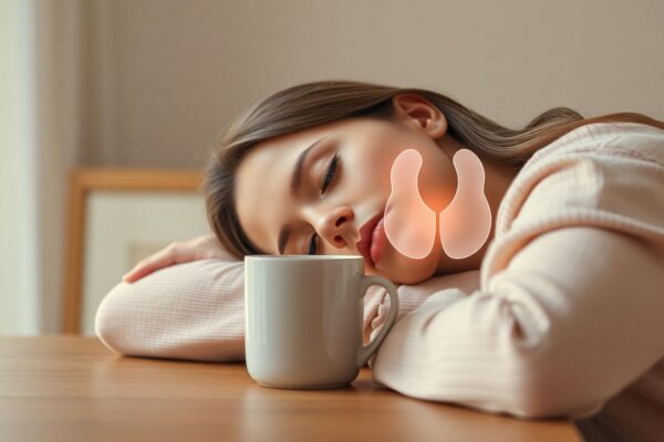 💤 How to Recognize Thyroid Fatigue (and What to Do About It) Tired woman resting her head beside a mug with a glowing thyroid illustration overlay, symbolizing thyroid fatigue and low energy in women.