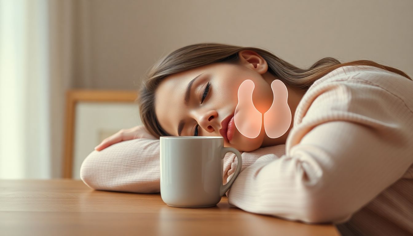 Tired woman resting her head beside a mug with a glowing thyroid illustration overlay, symbolizing thyroid fatigue and low energy in women.