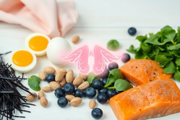 Flat lay of colorful thyroid-friendly foods like seaweed, eggs, salmon, Brazil nuts, spinach, and berries on a white background representing a healthy thyroid diet for women.
