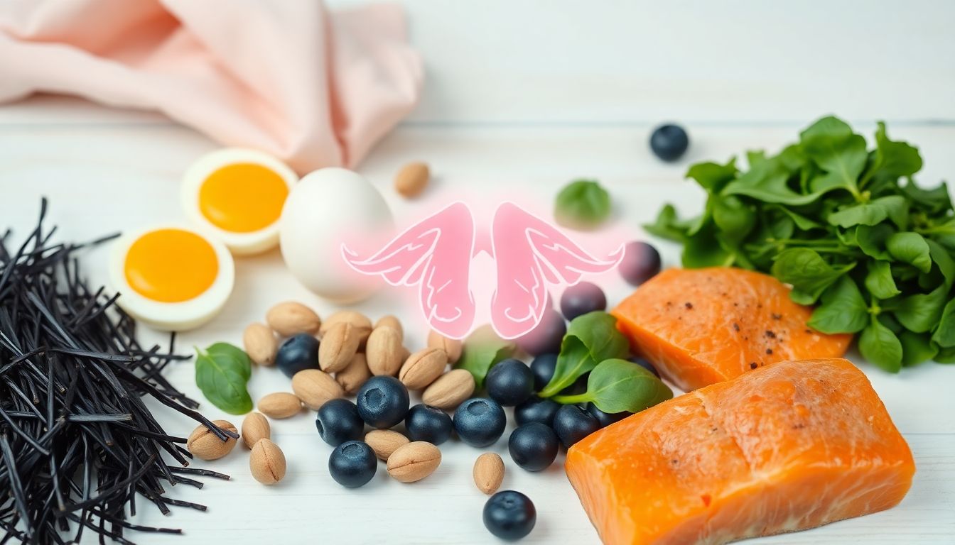 Flat lay of colorful thyroid-friendly foods like seaweed, eggs, salmon, Brazil nuts, spinach, and berries on a white background representing a healthy thyroid diet for women.