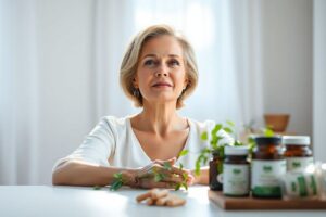 Woman enjoying morning sunlight with glowing thyroid illustration and natural supplements on table – representing thyroid health and feminine hormone balance.