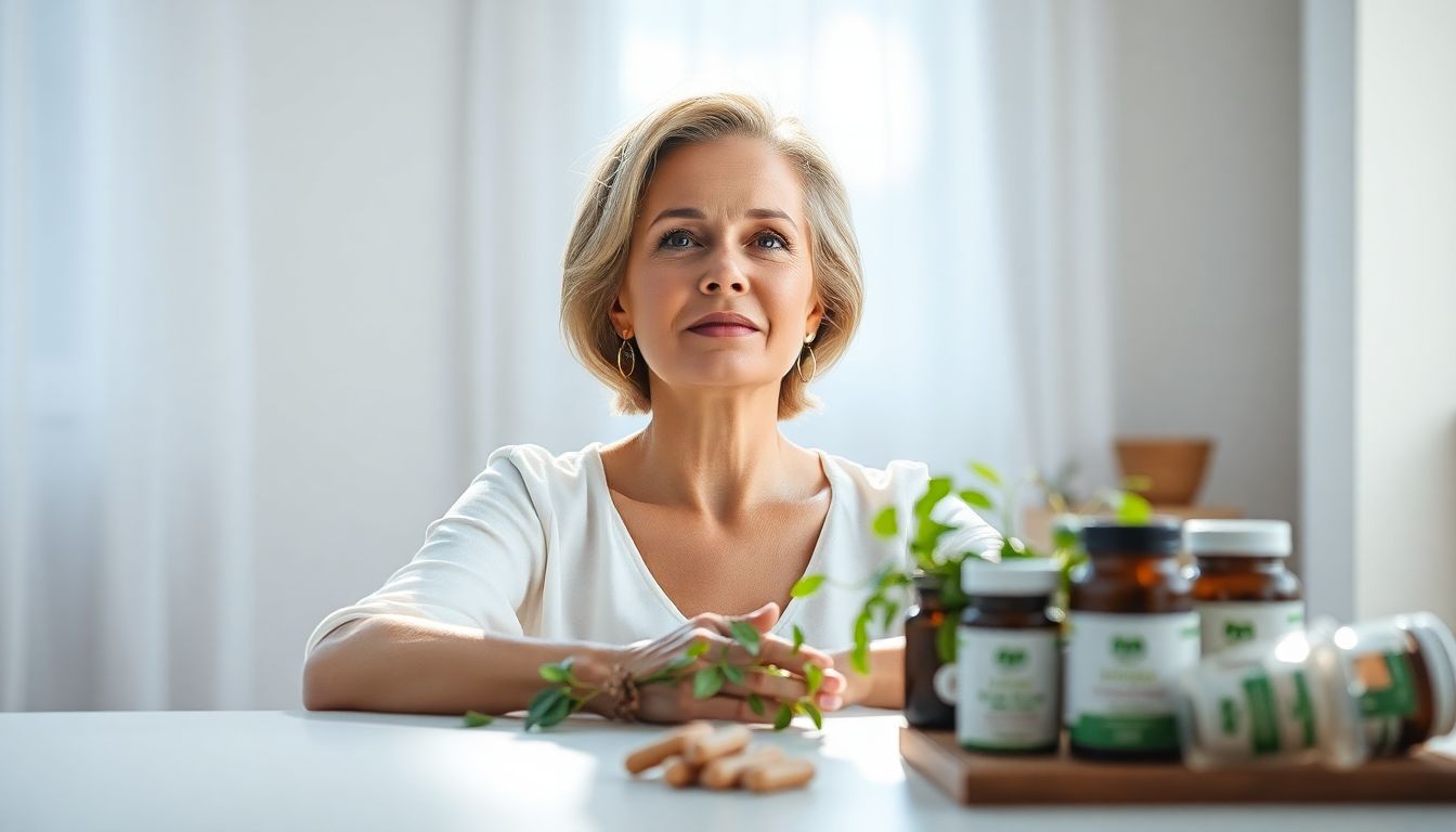 Woman enjoying morning sunlight with glowing thyroid illustration and natural supplements on table – representing thyroid health and feminine hormone balance.