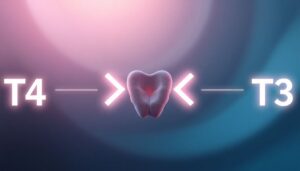 Illustration showing thyroid gland converting T4 into T3, symbolizing hormone balance and energy regulation in women.