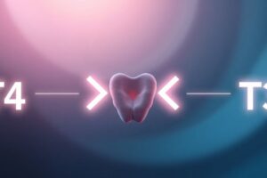 Illustration showing thyroid gland converting T4 into T3, symbolizing hormone balance and energy regulation in women.