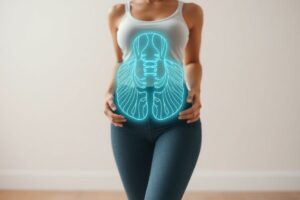⚖️ Why Women Experience Weight Gain with Thyroid Issues (and How to Fix It Naturally) Woman checking her weight with a glowing thyroid illustration, symbolizing weight gain caused by thyroid imbalance in women.