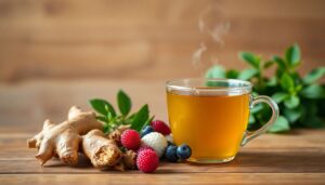 Top 5 anti-inflammatory foods for lungs: fresh ginger, turmeric, salmon, berries, and green tea arranged beautifully on a wooden table.