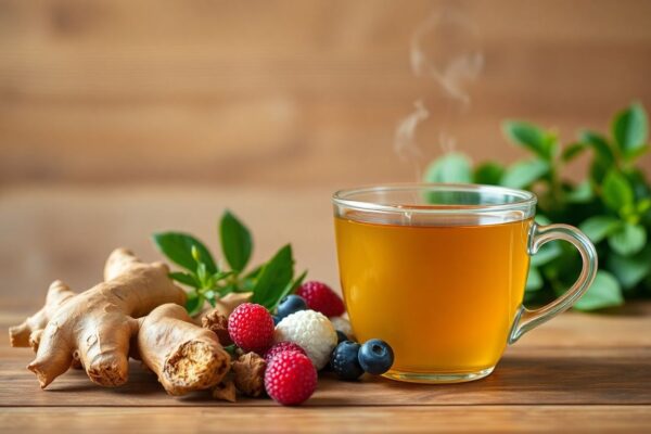 Top 5 anti-inflammatory foods for lungs: fresh ginger, turmeric, salmon, berries, and green tea arranged beautifully on a wooden table.