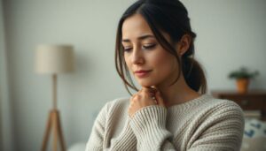 Woman subtly touching neck, looking reflective in soft lighting, representing signs of underactive thyroid.