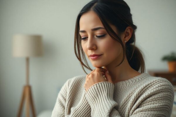 Woman subtly touching neck, looking reflective in soft lighting, representing signs of underactive thyroid.