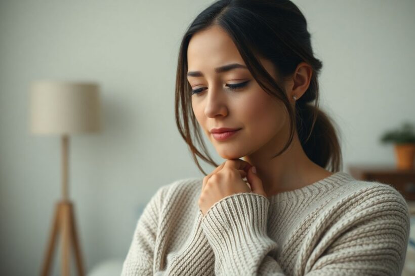 🩺 Signs of an Underactive Thyroid (Hypothyroidism) in Women Woman subtly touching neck, looking reflective in soft lighting, representing signs of underactive thyroid.