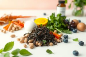 Flat lay of thyroid-healthy vitamins, minerals, and foods such as seaweed, nuts, and eggs on a clean white surface, symbolizing nutrients for thyroid balance and women’s wellness.