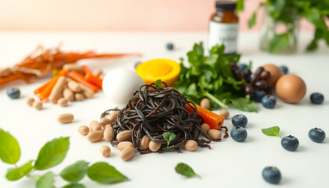 Flat lay of thyroid-healthy vitamins, minerals, and foods such as seaweed, nuts, and eggs on a clean white surface, symbolizing nutrients for thyroid balance and women’s wellness.