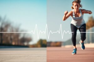 A split image showing a person walking outdoors and another performing high-intensity training, symbolizing two effective ways to support heart health and lower blood pressure.