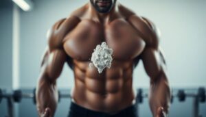 Creatine powder with muscular arms and gym equipment in background