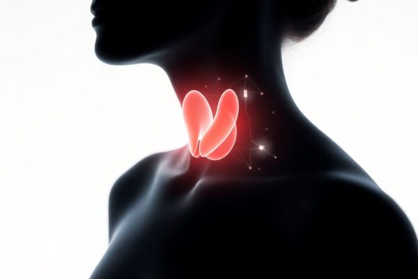 Anatomical illustration of a glowing thyroid gland inside a woman’s neck, representing the thyroid’s role in hormone and energy balance.