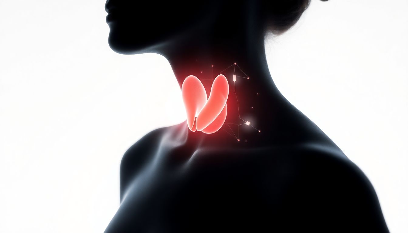Anatomical illustration of a glowing thyroid gland inside a woman’s neck, representing the thyroid’s role in hormone and energy balance.