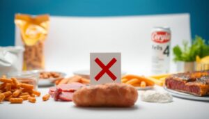 Flat lay image of fried foods, processed meats, and sugary drinks symbolizing the worst foods for blood pressure and heart health.