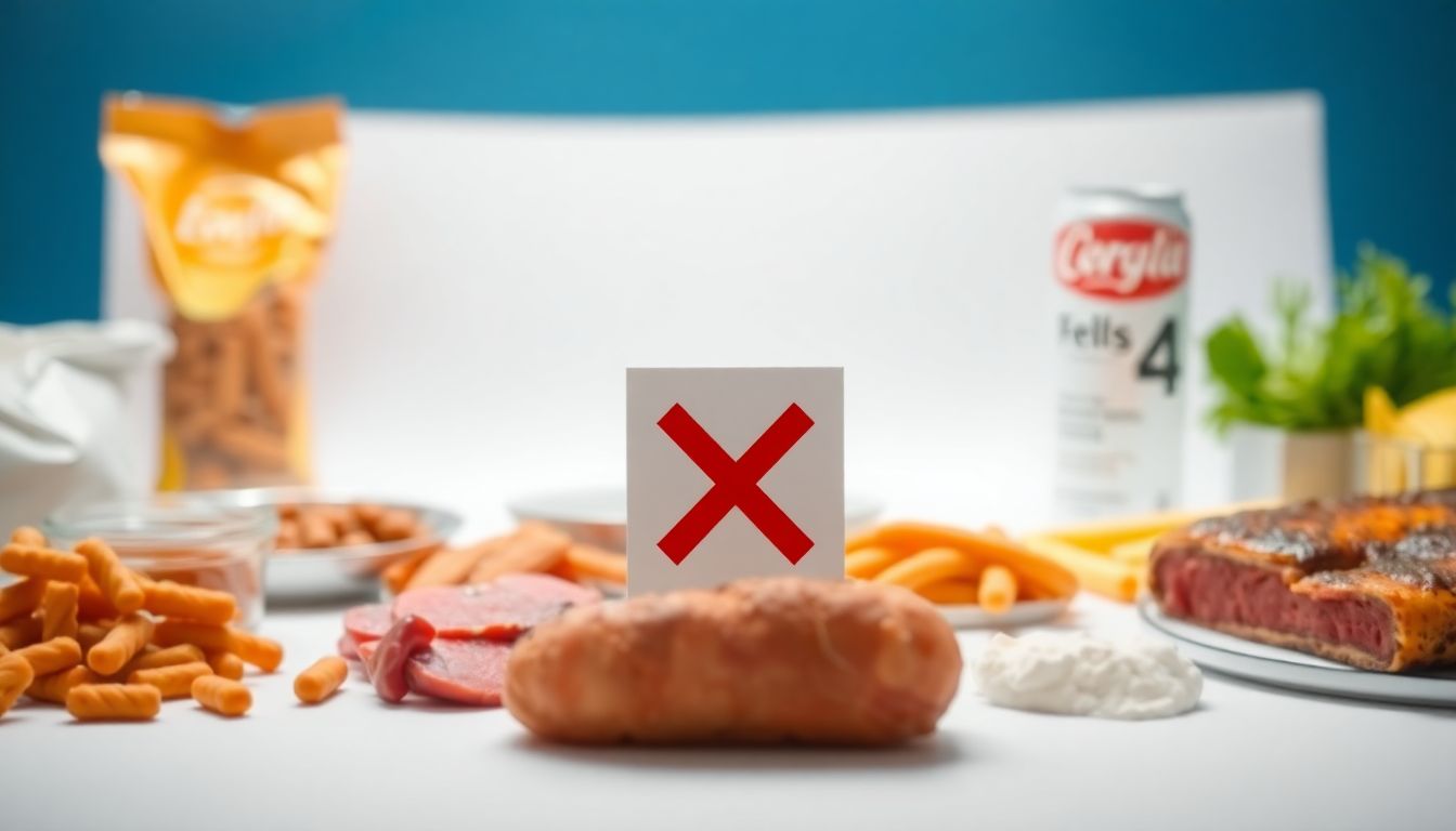 Flat lay image of fried foods, processed meats, and sugary drinks symbolizing the worst foods for blood pressure and heart health.