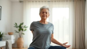 Older adult practicing yoga poses for lung capacity including camel pose, bridge pose, and chest opening exercises in a peaceful home setting.