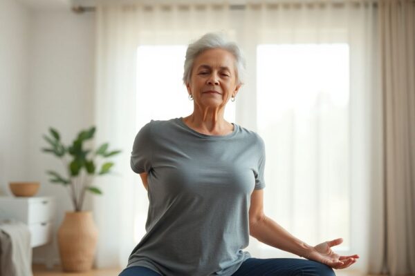 Older adult practicing yoga poses for lung capacity including camel pose, bridge pose, and chest opening exercises in a peaceful home setting.
