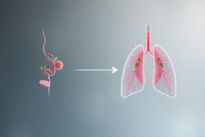 Diagram showing how allergic reactions in the nose trigger asthma symptoms in the lungs through inflammatory pathways