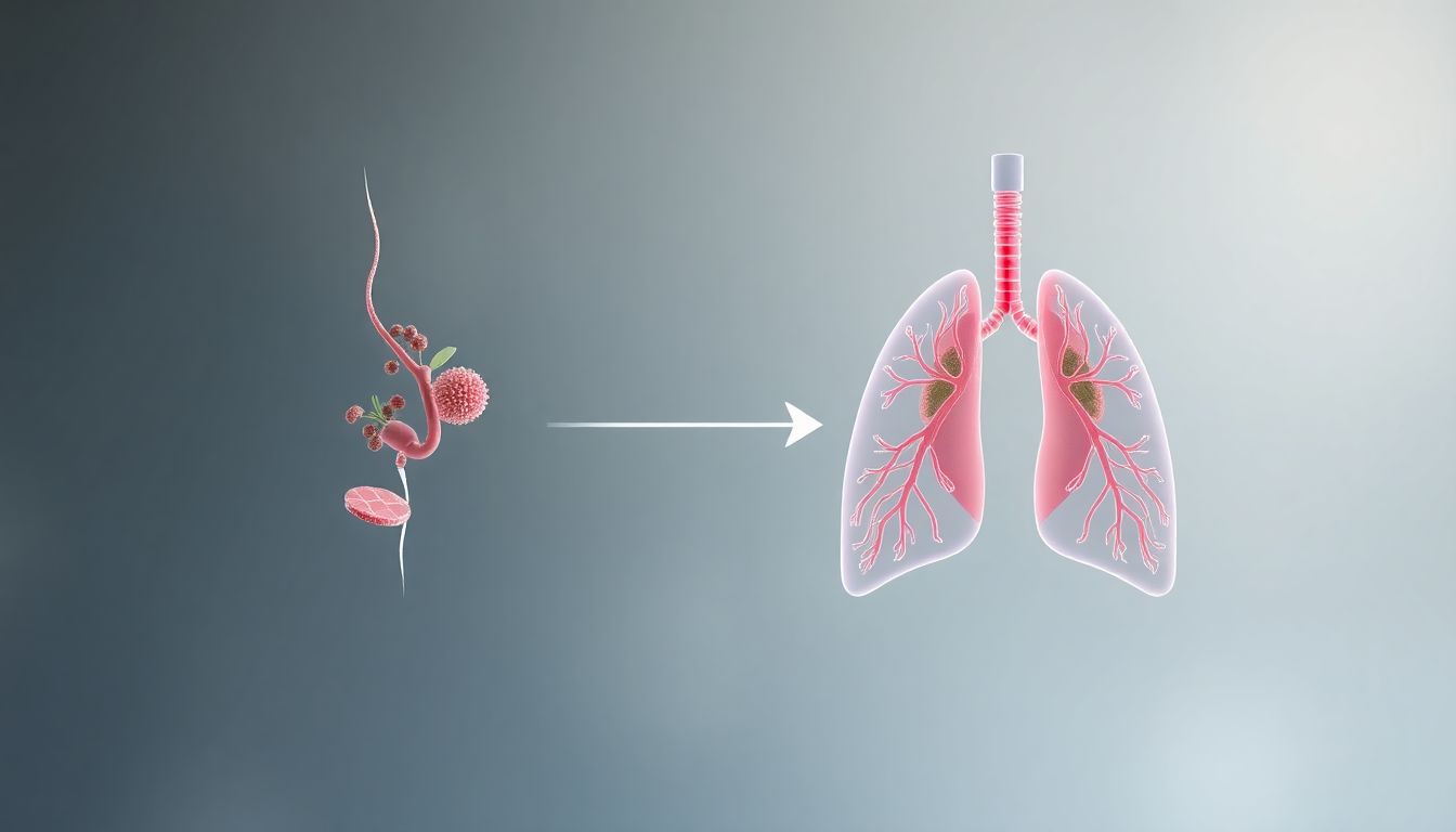 Diagram showing how allergic reactions in the nose trigger asthma symptoms in the lungs through inflammatory pathways