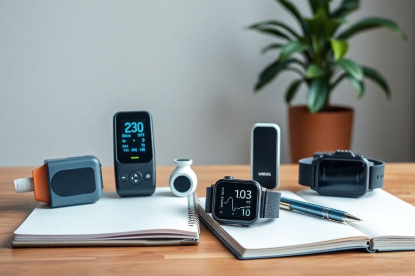 A collection of five at-home lung monitoring tools: pulse oximeter, peak flow meter, spirometer, smartwatch, and symptom journal."