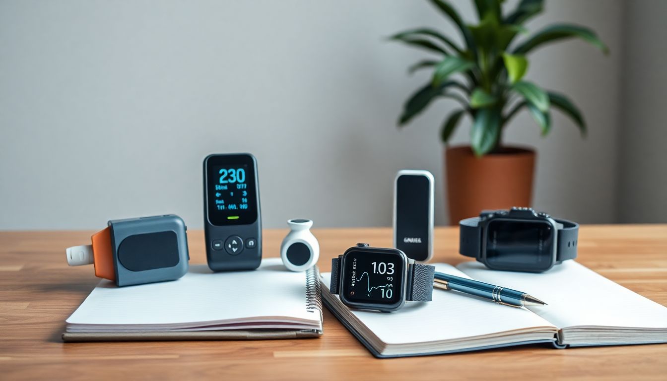 A collection of five at-home lung monitoring tools: pulse oximeter, peak flow meter, spirometer, smartwatch, and symptom journal."