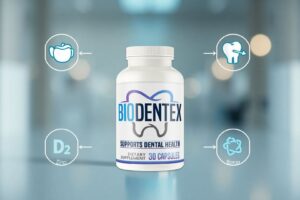 BioDentex supplement infographic showing D3, K2, Zinc, Boron and gum healing benefits.