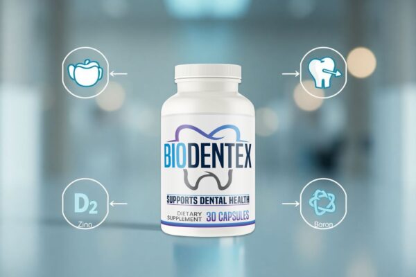 BioDentex supplement infographic showing D3, K2, Zinc, Boron and gum healing benefits.