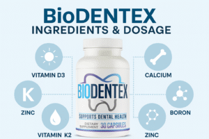 BioDentex ingredients infographic showing D3, K2, Calcium, Boron, and Zinc.