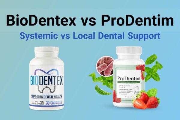 BioDentex vs ProDentim comparison image showing systemic and local dental health benefits.